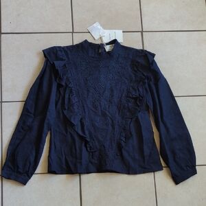 Embroidered Ruffle Long-Sleeve Top - Navy